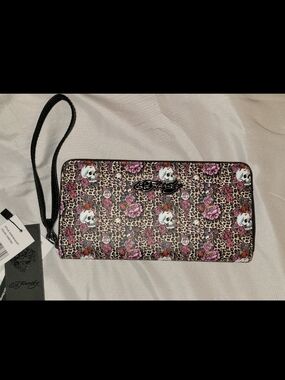 Ed Hardy Leopard Skull Wristlet Wallet in Pink Floral